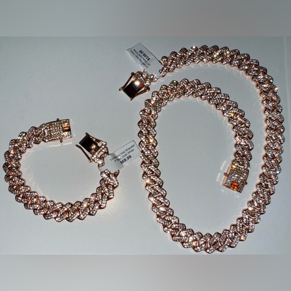 Jewelry - NEW 14MM HipHop Rose Gold White Braclet & Chain Set